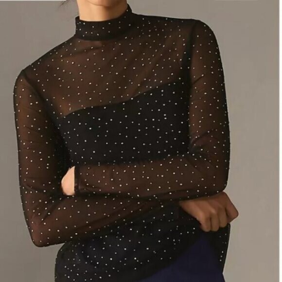 Eva Franco Long‑Sleeve Sheer Mesh Rhinestone Tunic Top, Size M — Statement Layer - Picture 4 of 16